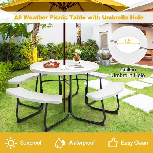 Miniatura 4 de Tangkula Mesa de picnic para 8 personas, mesa de picnic redonda al aire libre con 4 bancos integrados, agujero para paraguas, marco de metal y mesa