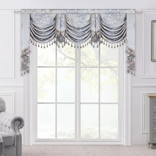 Miniatura 10 de Loom and Mill Cenefa de cascada de lujo, de jacquard, para sala de estar y dormitorio, elegantes cenefas florales europeas con borlas, cortinas azul
