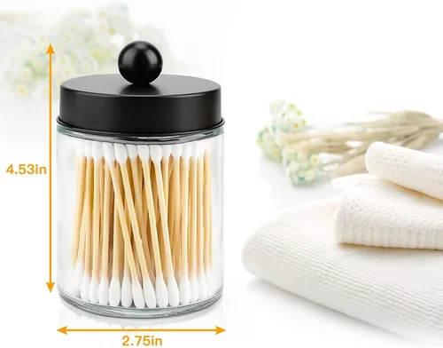Miniatura 6 de Juego de 2 tarros de boticario de cristal con tapas para baño, lindo soporte para cotonetes, juego de accesorios de baño negros, pequeños