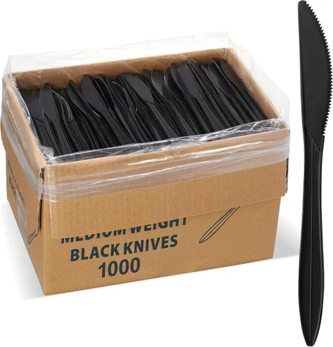 Miniatura 12 de 1,000 cubiertos de plástico desechables paquete de variedad a granel de peso mediano color negro incluye 334 tenedores, 333 cuchillos, 333 cucharas