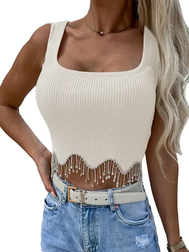 Miniatura 5 de LYANER Camiseta sin mangas con flecos de diamantes de imitación para mujer, cuello cuadrado, sin mangas