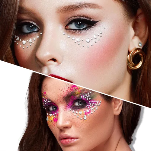 Miniatura 8 de SAOROPEB 5 hojas de gemas para la cara, calcomanías autoadhesivas para ojos, cuerpo y uñas, diamantes de imitación de cristal arcoíris para mujeres