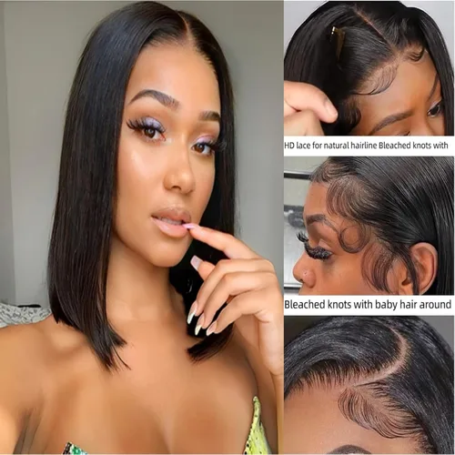 Miniatura 3 de 180% Density Bob Wig Human Hair 13x4 HD Transparent Lace Frontal Wigs Pre Plucked Bleached Knots Glueless Wig Short Straight Bob Wigs for Black