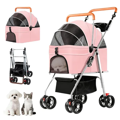 Miniatura 11 de YYW Cochecito para mascotas para perros y gatos pequeños, 3 en 1 plegable para gatitos, cachorros, carrito de paseo de viaje con portador extraíble
