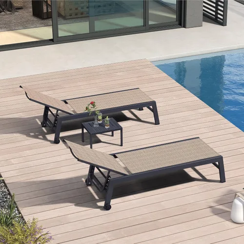 Miniatura 22 de PURPLE LEAF Juego de 2 tumbonas de aluminio para patio al aire libre con ruedas y mesa auxiliar, tumbona de piscina para jardín al aire libre, junto