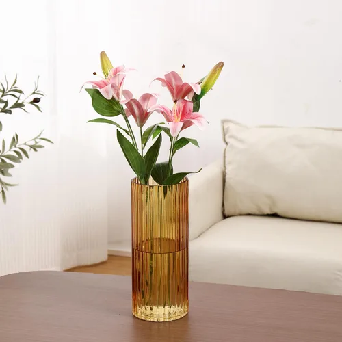 Miniatura 6 de Jarrón de vidrio ámbar para flores, jarrones de vidrio acanalados, jarrones altos de vidrio para tulipanes, jarrón de vidrio moderno para sala