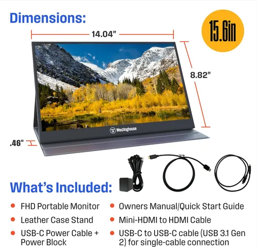 Miniatura 7 de Westinghouse Monitor portátil de 15.6 pulgadas para laptop y viajes, 1080p, 60Hz, pantalla IPS, pantalla Full HD con cubierta protectora magnética