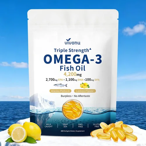 VivoNu Aceite de pescado Omega 3 de triple fuerza, 4200 mg, 300 cápsulas blandas | Recubrimiento entérico para no regusto a pescado | capturado en