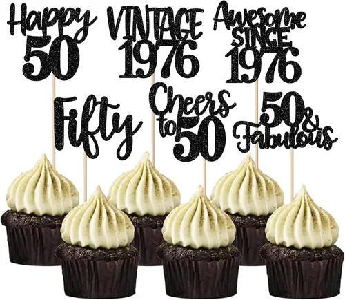 Miniatura 24 de Rsstarxi Paquete de 24 adornos para cupcakes vintage 2019 con purpurina negra para 5º cumpleaños, saludos a 5, cinco, 5, 5 fabulosos para cupcakes