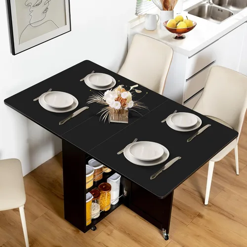 Miniatura 8 de Mesa de comedor plegable con cajón y estantes de almacenamiento, mesa de comedor plegable de 53" que ahorra espacio con 6 ruedas, mesa de hoja