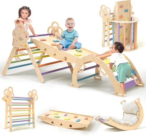 Baby Pikler - Juego de triángulos con cojín, 9 en 1 plegable de madera para niños pequeños, juego de gimnasio Montessori Jungle para interiores,