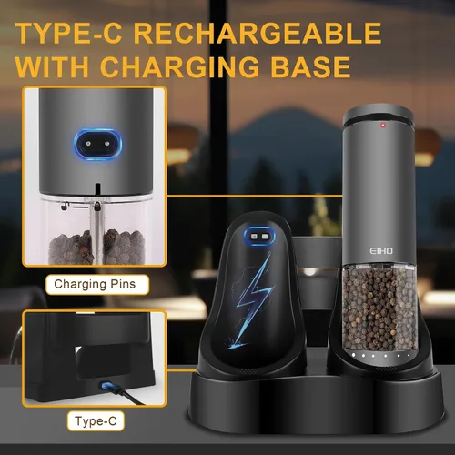 Miniatura 9 de Juego de Molinillo Eléctrico de Sal y Pimienta Recargable, Grosor Ajustable Externo, Molinos Automáticos de Saleros y Pimenteros, Accesorios