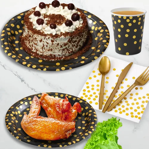Miniatura 4 de 175 platos desechables, platos de papel para fiestas, el juego de vajilla incluye 25 platos llanos de 9 pulgadas de diámetro, 25 platos de postre