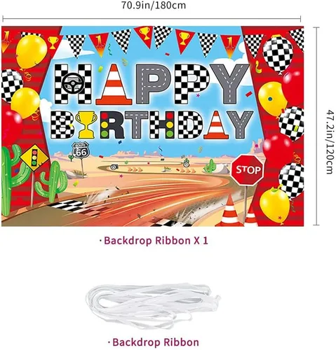 Miniatura 4 de Cartel de fondo de feliz cumpleaños de coche de carreras, fondo de fotografía de carril de carreras para niños, decoración de fiesta de carreras