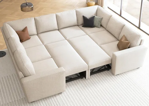 Miniatura 25 de HONBAY Sofá seccional modular con cama extraíble, sofá cama con forma de U extraíble con secciones de almacenamiento para sala de estar - Beige