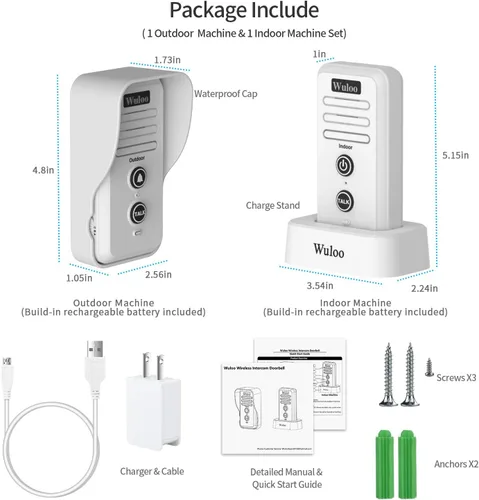 Miniatura 7 de Wuloo Timbre de puerta de intercomunicador inalámbrico para intercomunicador doméstico (1 y 1 blanco)