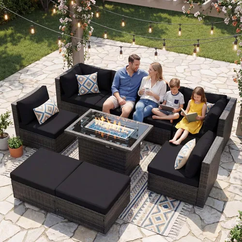 Miniatura 93 de NICESOUL Juego de muebles de patio para exteriores de 7 piezas con mesa para hoguera, gas natural y propano convertible, respaldo alto de 29.3