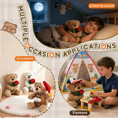 Miniatura 5 de Muñeca de oso de peluche de 12 pulgadas con rosa, juguetes de animales de peluche suaves para regalos de decoración del hogar para ella/novia