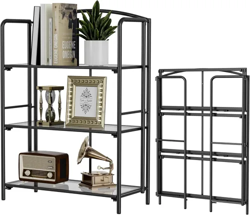 Miniatura 38 de Crofy - Estantería plegable sin montaje para sala de estar, estantería plegable de 2 niveles en color negro para oficina en casa, organizador