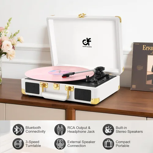 Miniatura 3 de Tocadiscos de vinilo Bluetooth, tocadiscos portátil vintage de 3 velocidades con 2 altavoces integrados, grabación USB, tocadiscos para Blanco