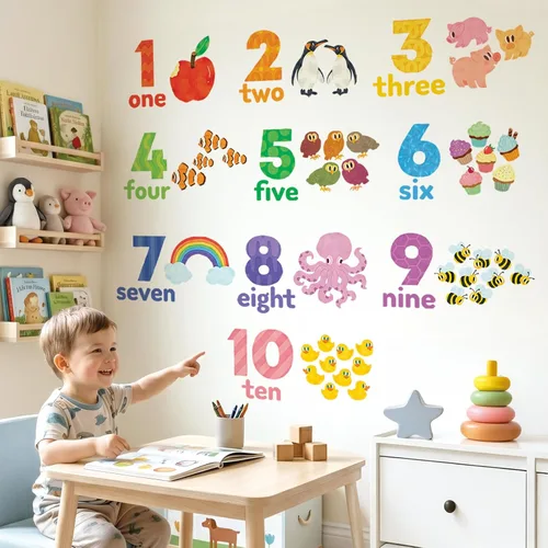 DECOWALL Calcomanías de pared con números DS6-2020, removibles, para habitación de niños, habitación de bebé, sala de estar, aprendizaje educativo,