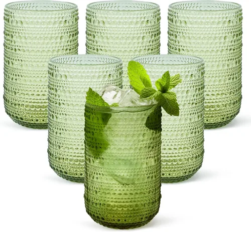 CHLJAR Hobnail - Juego de 6 vasos para beber, juego de cristalería vintage de 14 onzas, vaso de agua verde en relieve para cerveza, jugo, cóctel,