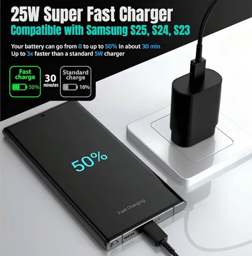 Miniatura 3 de Galaxy S25 S24 - Bloque de carga USB C de 25 W PD cargador súper rápido con cable tipo C, adaptador de enchufe de pared de 6 pies, carga rápida