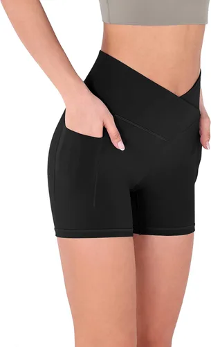 Miniatura 2 de ODODOS Pantalones cortos de yoga con cintura cruzada de 5 pulgadas para mujer, pantalones cortos de entrenamiento para correr