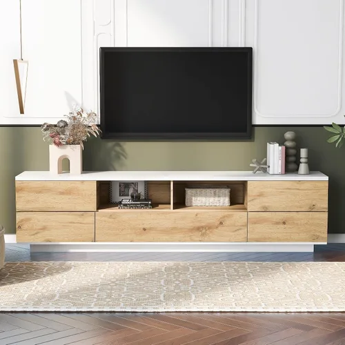 Miniatura 7 de Livavege Moderno soporte de TV largo con 2 armarios de almacenamiento y cajones para televisores de hasta 75 pulgadas, mesa consola central