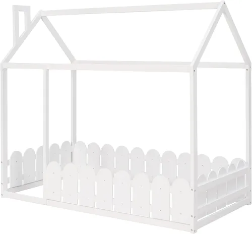 Miniatura 4 de Harper & Bright Designs Camas de casa para niños, cama de piso individual con valla de madera, marco de cama de cabaña que se puede decorar