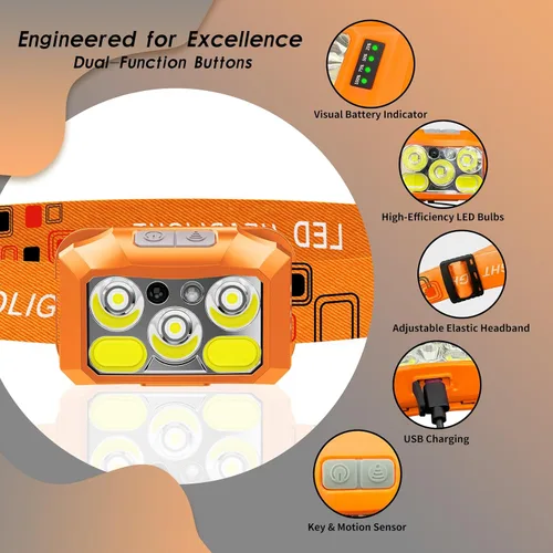 Miniatura 2 de Linterna frontal LED recargable, 800 lúmenes con luz roja y blanca, 8 modos, sensor de movimiento, carga USB-C, IPX4 impermeable (1, naranja)