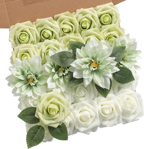 Miniatura 17 de YYHUAWU Flores Artificiales Juego de Caja Combinada Color Degradado Flor Hoja con Tallos para Ramos de Boda DIY Centros de Mesa Baby Shower Fiesta