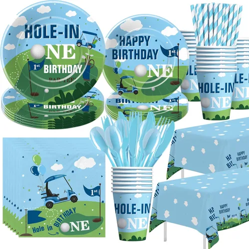 Xigejob Suministros para fiesta de primer cumpleaños de golf, vajilla de decoración de cumpleaños con agujero en uno, plato de papel de golf, taza,