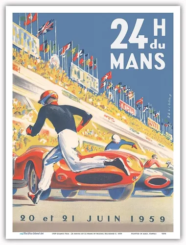 Miniatura 9 de 1959 Grand Prix - 24 horas de Le Mans Francia - Carreras de resistencia - Póster de carreras de coches vintage por Michel Bélignod c.1959