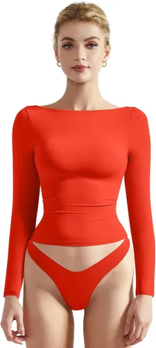 Miniatura 7 de SUUKSESS Camiseta de mujer con cuello redondo, manga larga, doblemente forrada, ajustada y corta