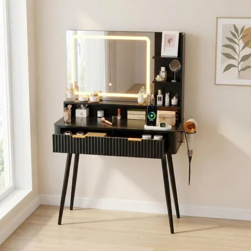 Miniatura 10 de Garvee Tocador de 31.5 pulgadas de ancho con silla, tocador para mujer con taburete, espejo LED, soporte para secador de pelo, toma de corriente, 3