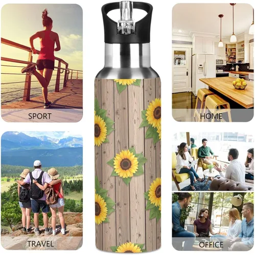 Miniatura 5 de Sunflowers Rustic Wooden Insulated Water Bottle 20 Oz Leakproof Water Bottles, BPA-Free Sports Water Bottle with Straw