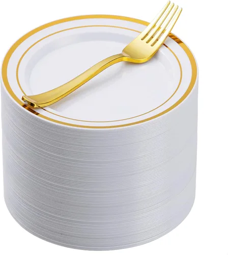 Miniatura 12 de Goodluck 240 platos cuadrados de plástico de postre con purpurina dorada de 6.5 pulgadas con tenedores de 7.4 pulgadas, platos dorados