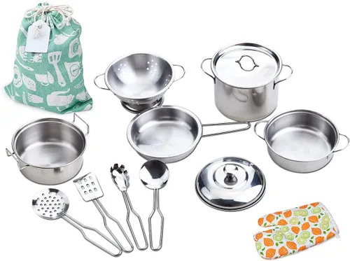Miniatura 4 de Juego de ollas y sartenes de juguete para niños, juego de cocina de simulación, mini utensilios de cocina de acero inoxidable, juguetes