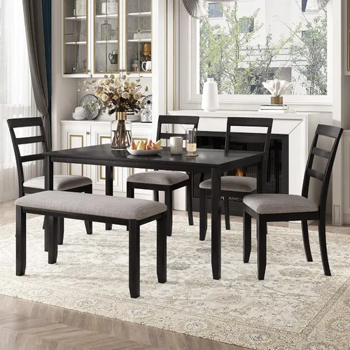 Miniatura 23 de KLMM Elegante y clásico juego de mesa de comedor de madera de 6 piezas con 4 sillas y otomana, adecuado para cocina y comedor