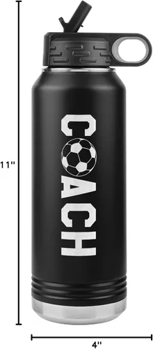 Miniatura 2 de Botella de agua de entrenador de fútbol, 32 onzas, con tapa abatible de acero inoxidable grabada, con pajita, regalo de entrenador de fútbol