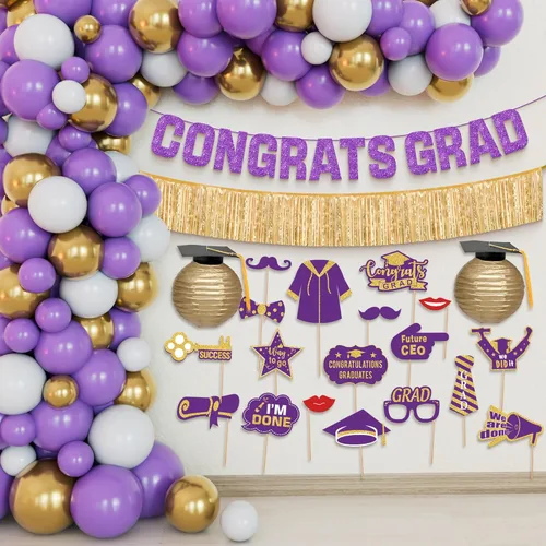 Miniatura 10 de Decoraciones de graduación 2026 Juego de arco de globos de graduación azules y dorados – Paquete enorme de 70 Cartel de felicitación