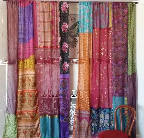 EthinicCraftHub® 1 Par de Cortinas de Sari de Mezcla de Seda Vintage India Multicolor (Color Surtido) Hechas a Mano de Retazos Cortinas Drapeados