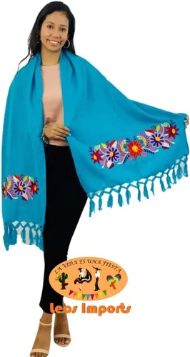 Miniatura 2 de Leos Imports Chal Rebozo Mexicano Chiapas con Bordado de Flores
