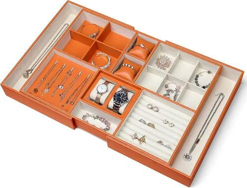 Bandeja grande de joyería para mujeres y hombres caja organizadora de joyas para cajón aparador armario con 2 cajones extraíbles aretes anillo