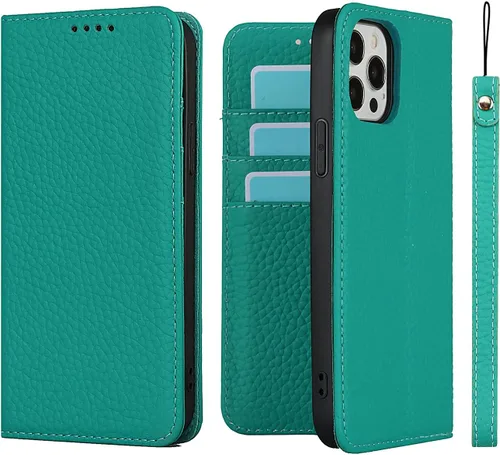 iCoverCase Funda tipo cartera compatible con iPhone 12 Pro Max con tarjetero y correa para la muñeca, bloqueo RFID, funda magnética para teléfono de