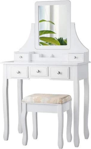Miniatura 8 de CHARMAID Juego de tocador de maquillaje con espejo y taburete acolchado, tocador con 5 cajones y organizadores de almacenamiento extraíbles, mesa