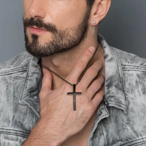 Miniatura 2 de Collar con dije de cruz cristiana para hombre de acero inoxidable chapado en oro o plata, o negro religioso y minimalista, para joyería de bautismo