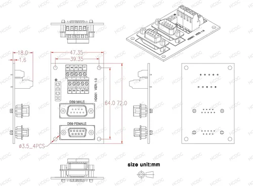 Miniatura 4 de D-SUB Módulo de interfaz de bloque de terminales de placa de ruptura macho-hembra (DB9)