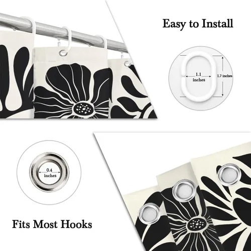 Miniatura 4 de Black Floral Shower Curtain Stall Small Half Single Mini Boho Flower Farmhouse Vintage Gothic Abstarct Retro Funky Botanical Moody Fabric Cloth